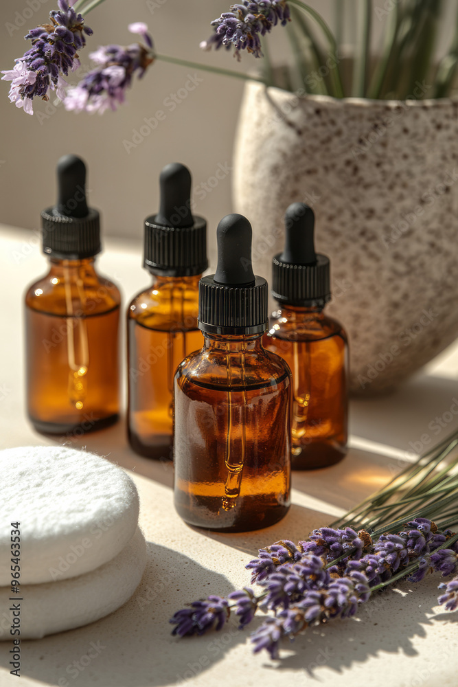 A collection of nourishing body oils in amber glass bottles with a dropper, surrounded by soft cotton pads and lavender, isolated on a pastel beige background, A collection of nourishing body oils in amber glass bottles with a dropper, surrounded by soft cotton pads and lavender, isolated on a pastel beige background,