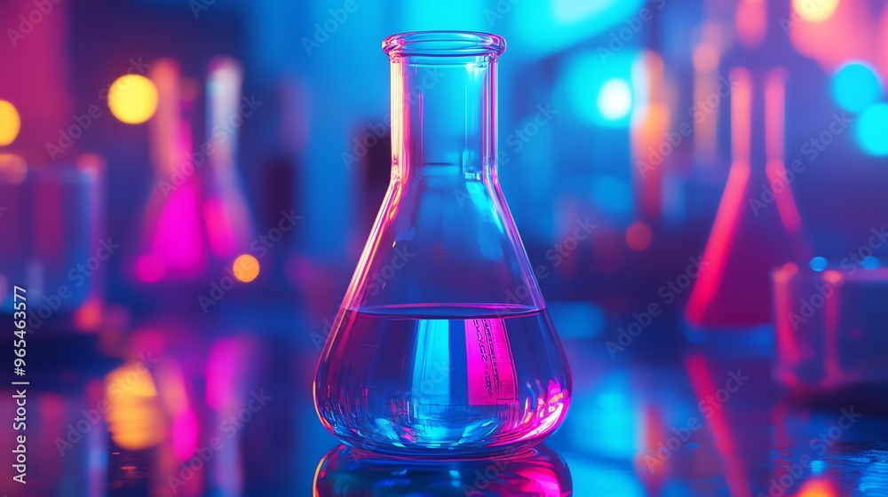 Closeup of an Erlenmeyer flask with vibrant chemicals, captured using a Canon EOS R5 with a 100mm macro lens, highlighting precise laboratory experimentation Closeup of an Erlenmeyer flask with vibrant chemicals, captured using a Canon EOS R5 with a 100mm macro lens, highlighting precise laboratory experimentation