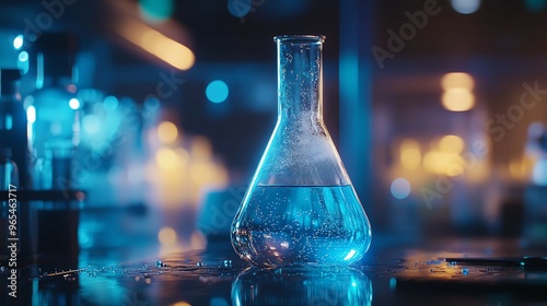 Detailed shot of a bubbling Erlenmeyer flask in a lab, photographed with a Nikon Z7 II and a 85mm prime lens, focusing on scientific innovation photo