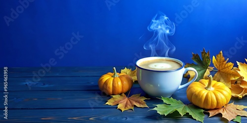 Close-up of a rustic wooden table with a steaming cup of pumpkin spice latte, surrounded by autumn leaves and a blank space for text.
