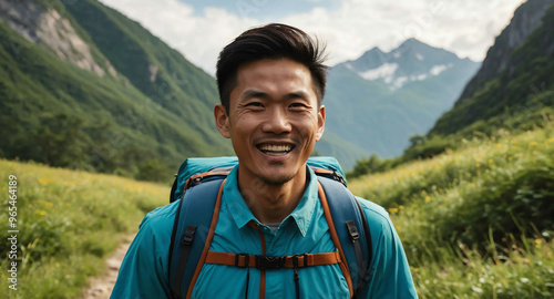 Joyful Asian male hiking on summer trail with mountain background