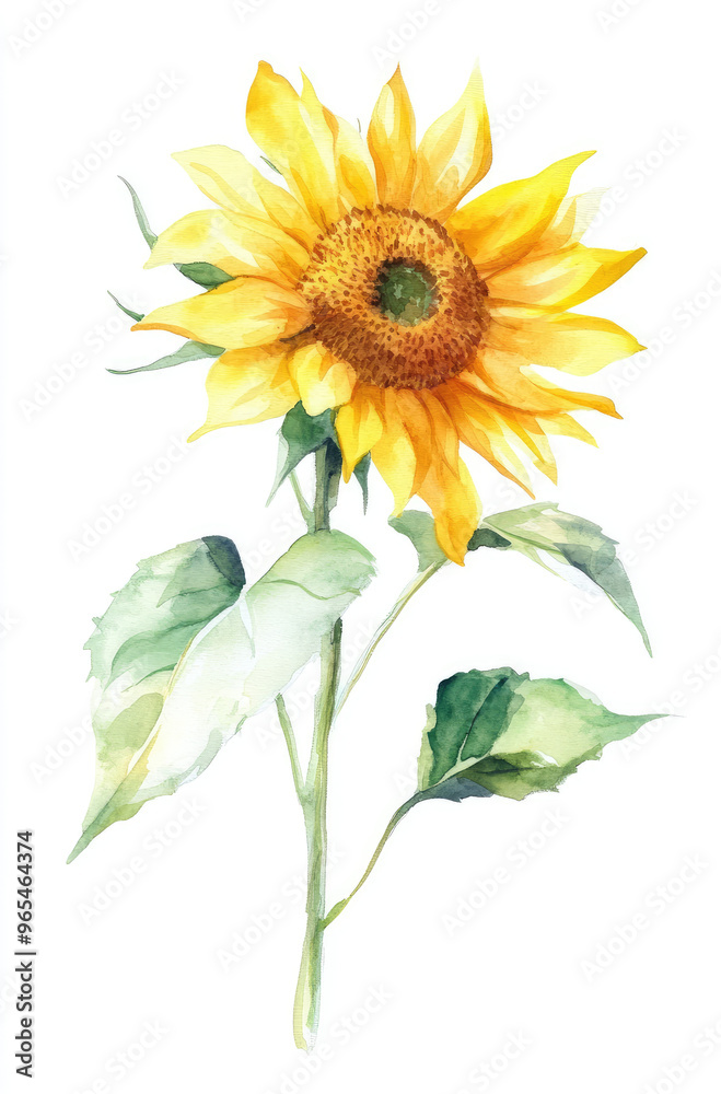 Fototapeta premium Simple watercolor sunny sunflower on a white background