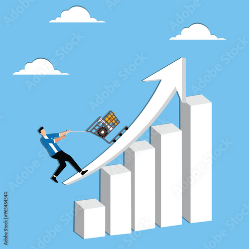 Personal skill development for career growth, increasing ability of work, attention for skill enhancement concept, Businessman dragging skill symbols toward rising arrow.