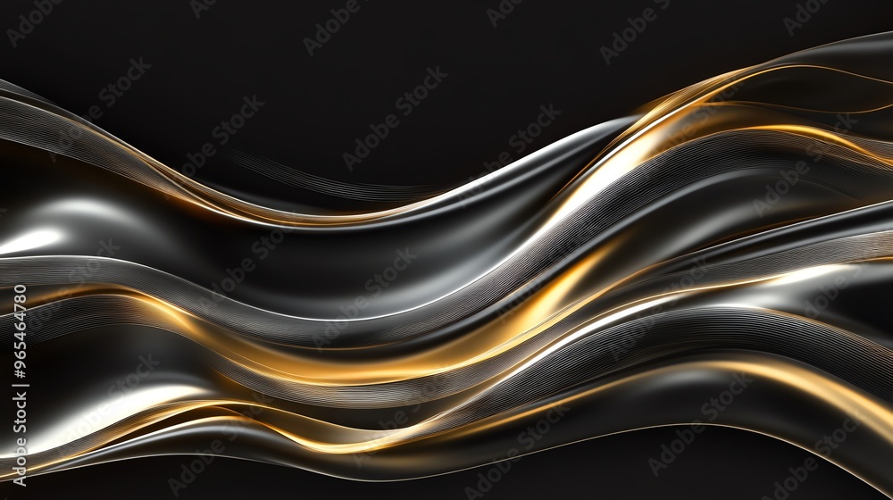 Smooth black backdrop with fluid gold and silver lines, delicate waves in a modern, abstract, and elegant design
