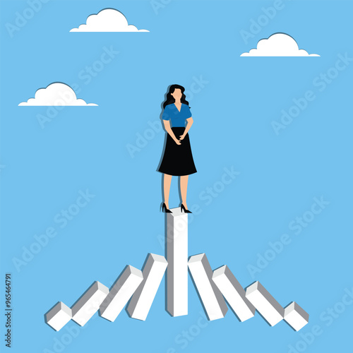 Strong business during recession, well prepared management against negative economic impact, surviving company concept, Businesswoman standing on strong bar graph unaffected by domino effect