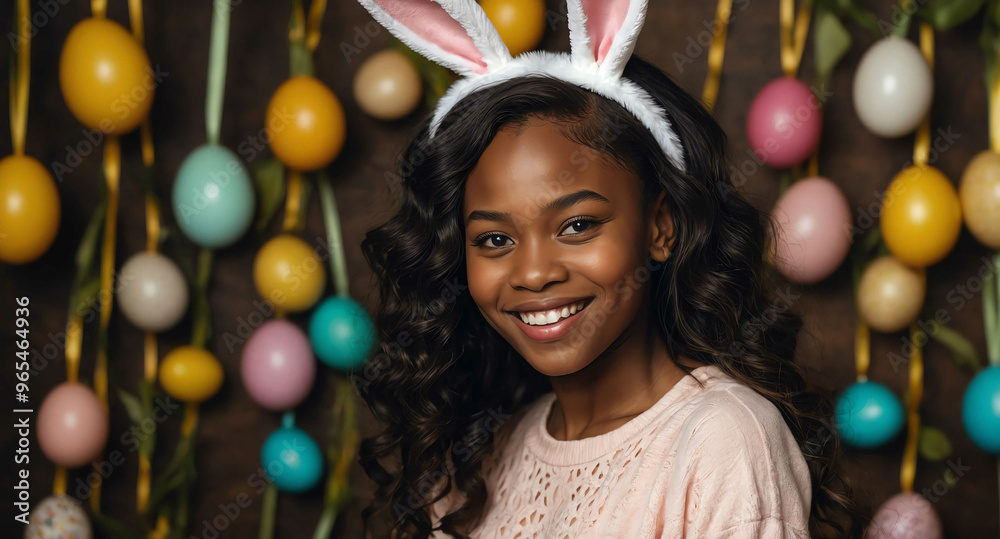 Joyful Black female in bunny ears during Easter celebration background