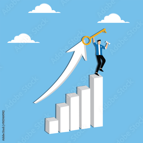 Key success for business or career growth, correct solution to increase sales or boost productivity, unlock achievement concept, Businessman standing on rising arrow holding bright key