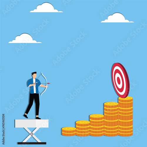 Effort to reach financial goal, pursuing wealth, ambition of investment concept, Archery businessman aiming at target on coin stacks