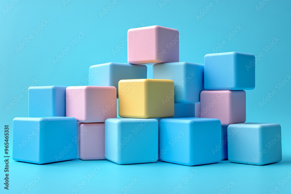An abstract arrangement of building blocks with one taller block in the center, surrounded by smaller ones leaning against it, set against a pastel blue background, An abstract arrangement of building blocks with one taller block in the center, surrounded by smaller ones leaning against it, set against a pastel blue background,