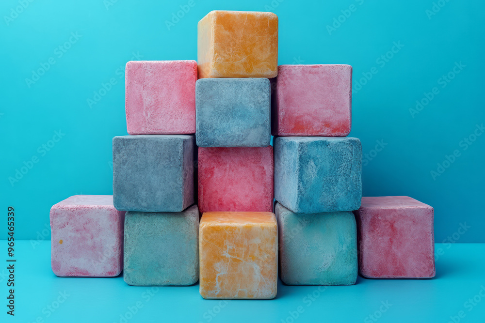 An abstract arrangement of building blocks with one taller block in the center, surrounded by smaller ones leaning against it, set against a pastel blue background, An abstract arrangement of building blocks with one taller block in the center, surrounded by smaller ones leaning against it, set against a pastel blue background,