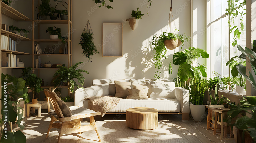 A serene minimalist living space filled with natural light and lush green plants creating a calming atmosphere of tranquility and simplicity A serene minimalist living space filled with natural light and lush green plants creating a calming atmosphere of tranquility and simplicity