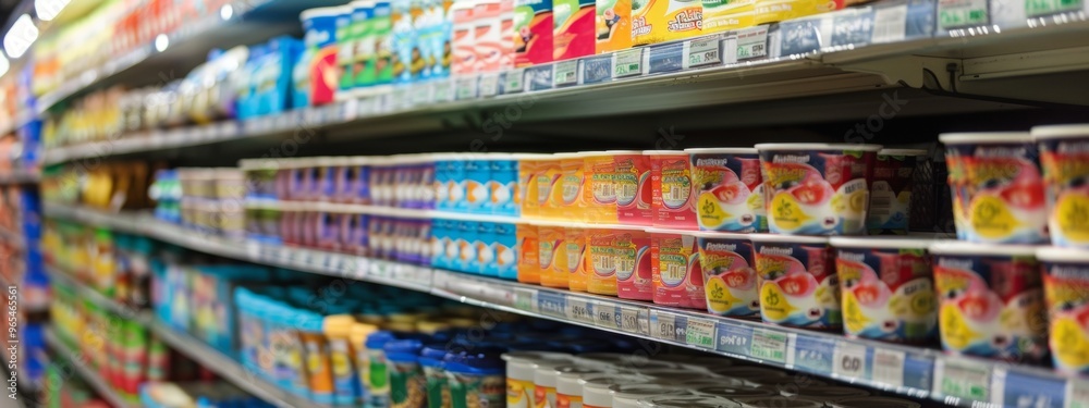 Fototapeta premium Close-up of supermarket aisle with yogurt and dairy products on shelves