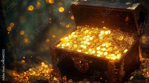 Treasure box overflowing with sparkling gold coins, soft, golden light accentuating the shine, blurred background hinting at a hidden treasure room, elaborate chest design, photo