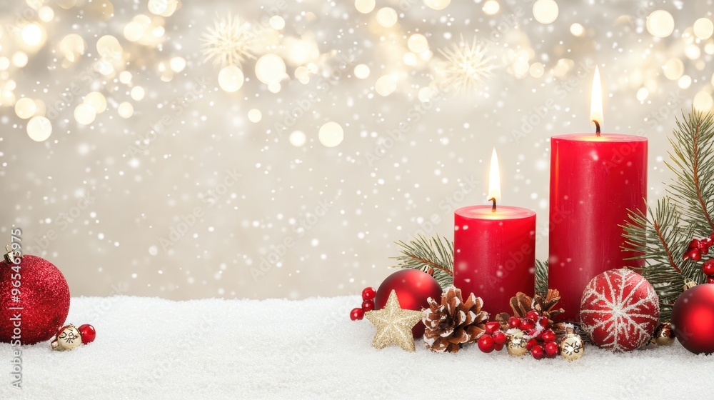 Red candle on a frosted surface surrounded by evergreen branches and red ornaments, with snow falling in the background. Cozy winter holiday decor concept. Red candle on a frosted surface surrounded by evergreen branches and red ornaments, with snow falling in the background. Cozy winter holiday decor concept.