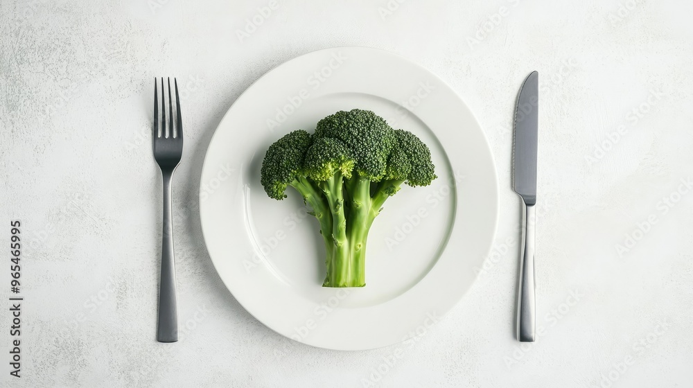 Green broccoli on a white plate, with fork and knife neatly arranged around it, viewed from above. Green broccoli on a white plate, with fork and knife neatly arranged around it, viewed from above.