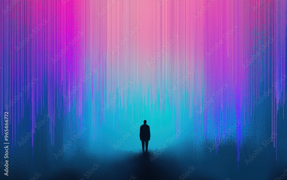 Silhouette of a person standing beneath vibrant, colorful light beams in a surreal, dreamlike abstract scene. Silhouette of a person standing beneath vibrant, colorful light beams in a surreal, dreamlike abstract scene.