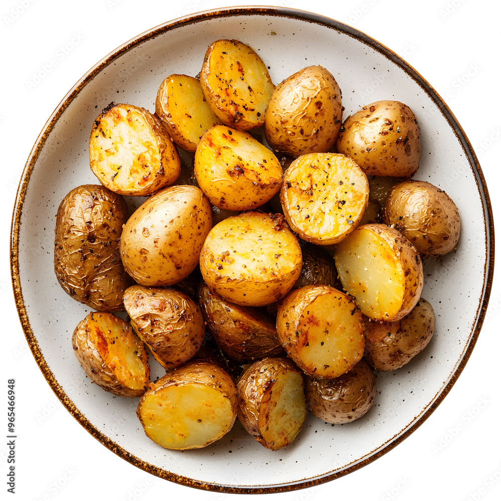 Roasted potato on a plate top view isolated on white background Roasted potato on a plate top view isolated on white background