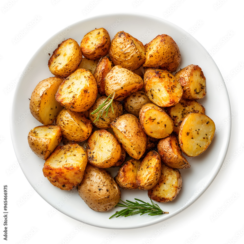 Roasted potato on a plate top view isolated on white background Roasted potato on a plate top view isolated on white background