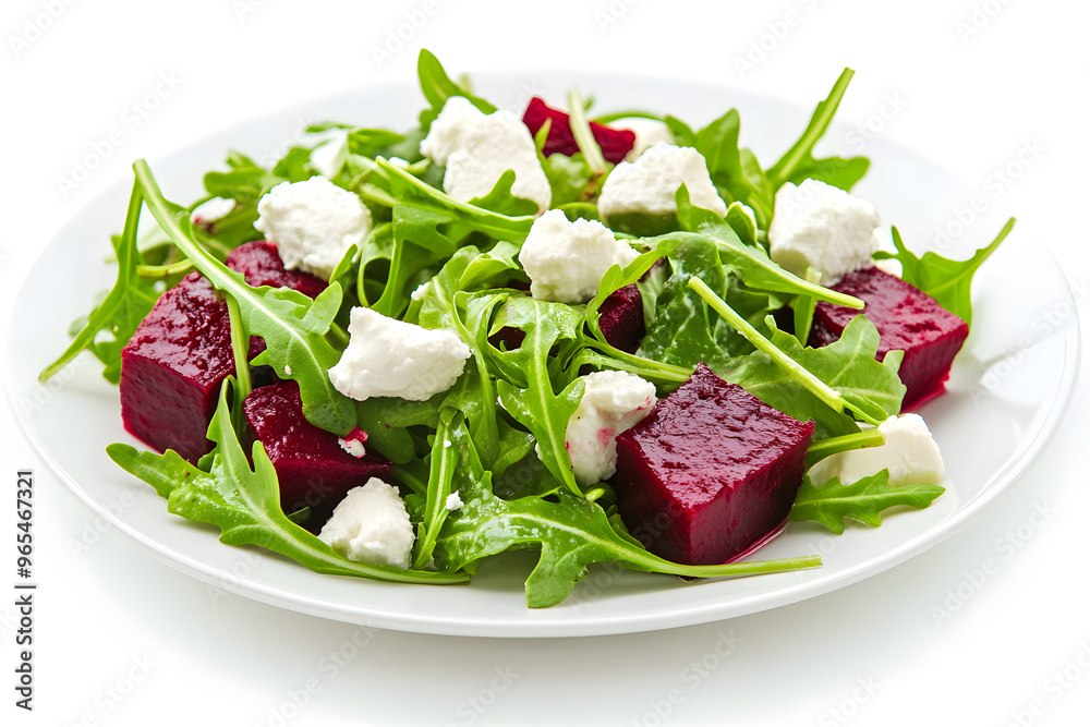 Red beet and goat cheese salad with arugula isolated on white background Red beet and goat cheese salad with arugula isolated on white background