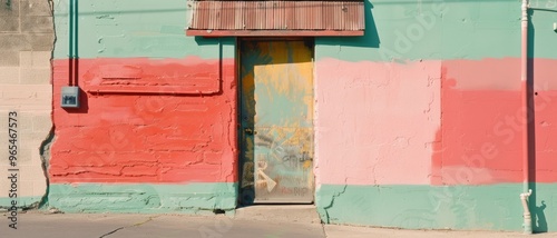 Colorful dilapidated wall with a rusty door contrasts with the bright sunlight and shadows.