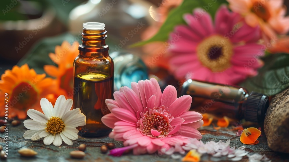 Zen spa scene with essential oils and vibrant flowers Zen spa scene with essential oils and vibrant flowers