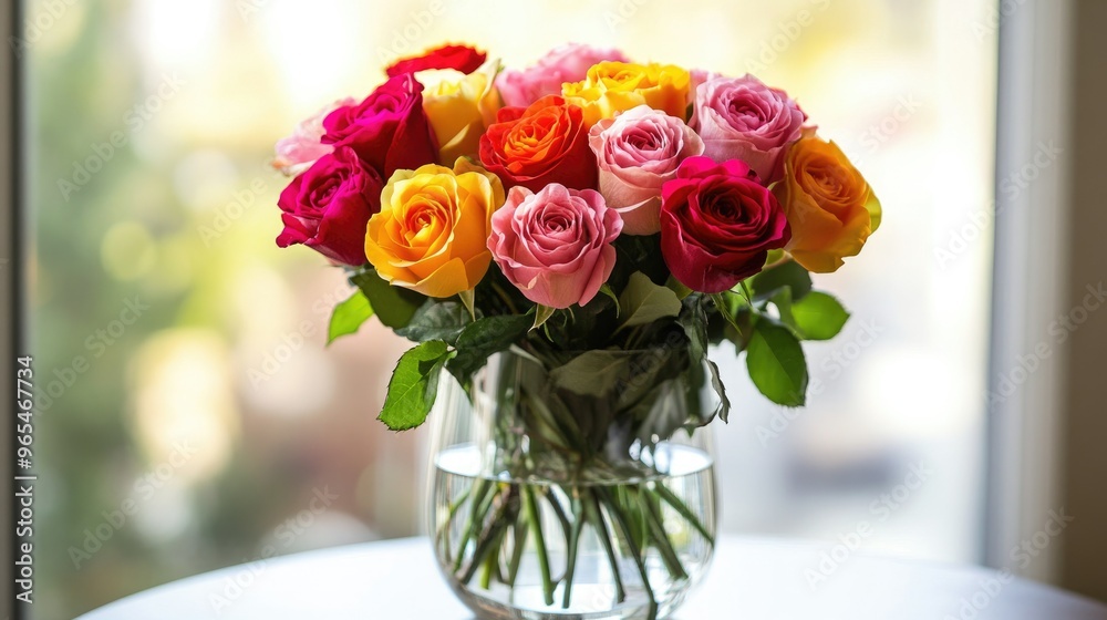 Mixed roses in bold colors, beautifully arranged in a modern glass vase, offering a contemporary floral display. Mixed roses in bold colors, beautifully arranged in a modern glass vase, offering a contemporary floral display.