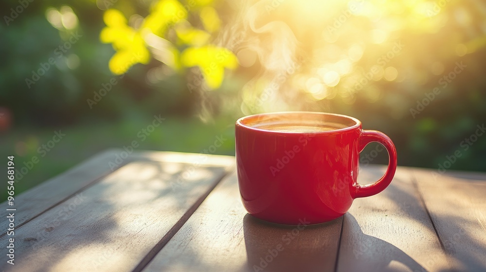 Obraz premium Red ceramic cup filled with hot coffee, set on an outdoor table with sunlight streaming in.