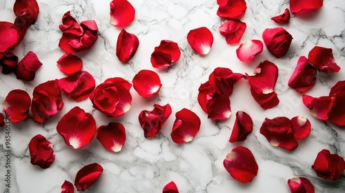 Red rose petals delicately spread across a white marble surface, forming a romantic and visually striking flat lay.