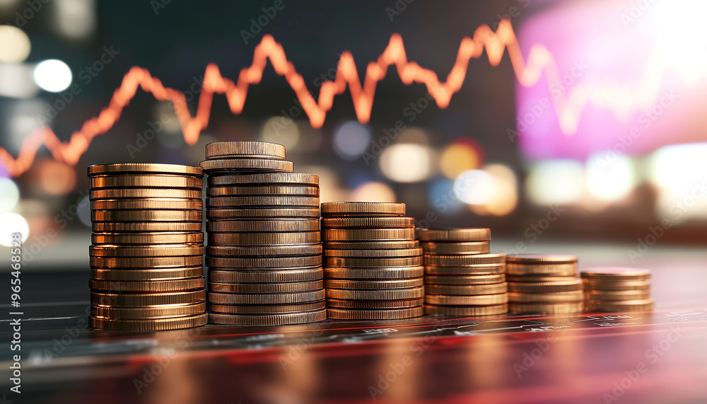 View of a computer screen displaying stock exchange graph and chart representing increased and decreased price in the stock market with stack of coins. Generative AI. View of a computer screen displaying stock exchange graph and chart representing increased and decreased price in the stock market with stack of coins. Generative AI.