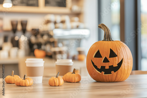 A pumpkin carved with a classic jack-o'-lantern face sits on a café counter alongside coffee cups and small pumpkins, blending Halloween excitement with a cozy, everyday café setting