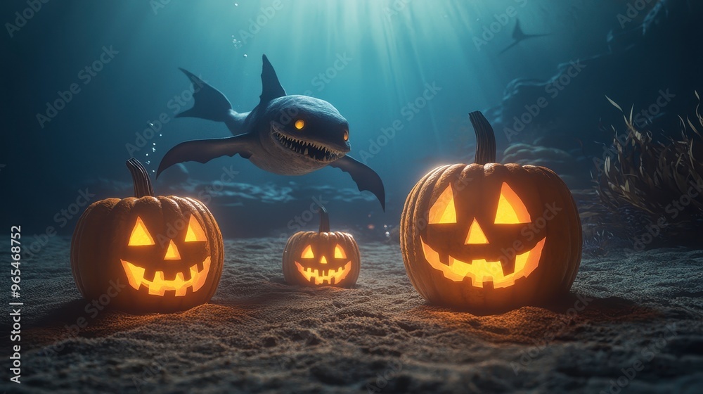 Fototapeta premium Underwater Halloween party, eerie sea creatures, glowing jack-o'-lanterns, 3D illustration