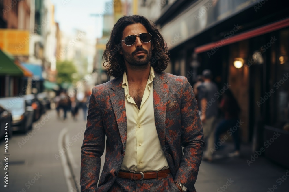 A man wearing a suit and sunglasses stands on a city street A man wearing a suit and sunglasses stands on a city street