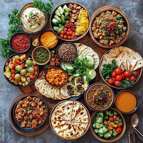 Middle Eastern or Arabic cuisine with a variety of mezze on a rustic concrete backdrop Food that is Halal. Cuisine from Lebanon, Turkey, and Egypt, with mixed veggies and a gorgeous table top view