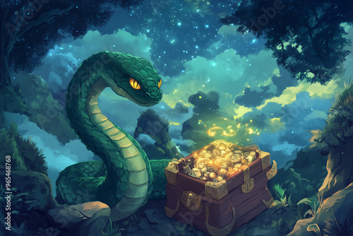 A legendary deep green snake guards a glowing treasure chest filled with hopes and dreams for the new year, set in a mystical landscape under a starry sky, blending myth and fantasy