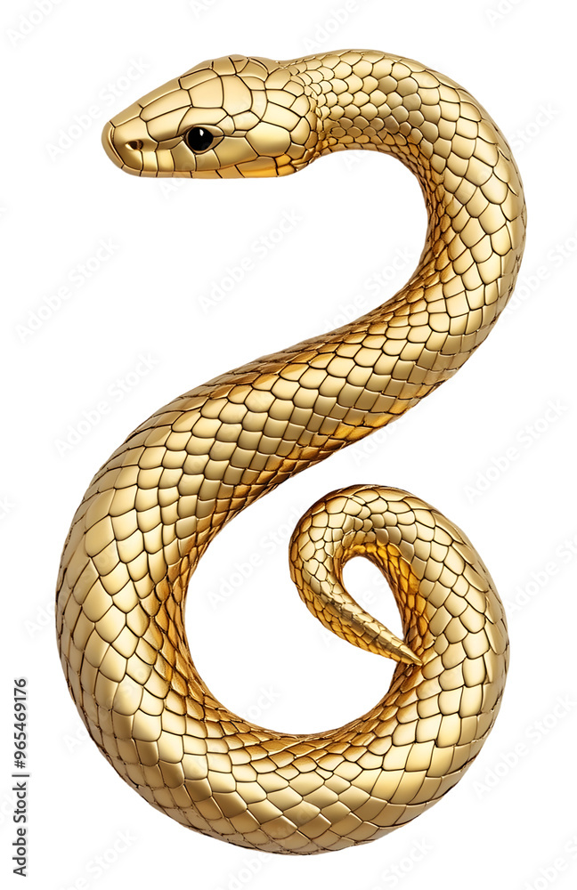 Fototapeta premium Cute 3D Snake Metallic Gold Figurine Transparent Background Cutout
