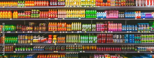 Supermarket shelves with a variety of drinks and beverages in colorful packaging