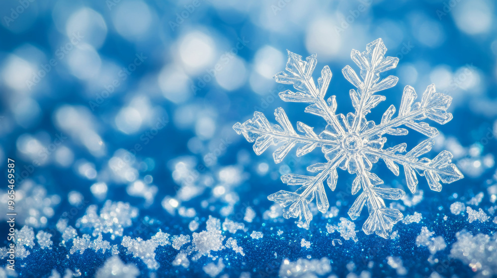 A snowflake on a blue background, close-up shot A snowflake on a blue background, close-up shot