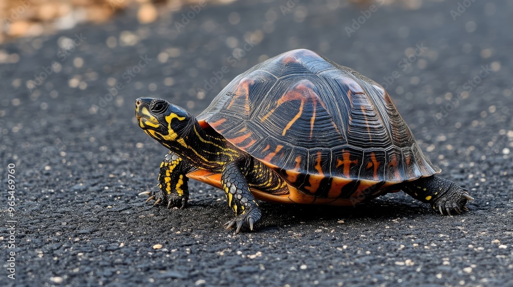 Turtle making its way across a road, with the contrast between its shell and the gray asphalt emphasized. Turtle making its way across a road, with the contrast between its shell and the gray asphalt emphasized.