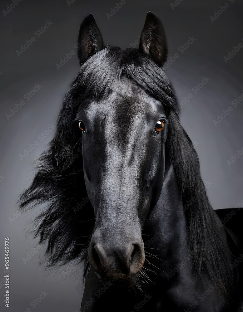 black horse portrait with long black hair isolated on dark background. black horse portrait with long black hair isolated on dark background.