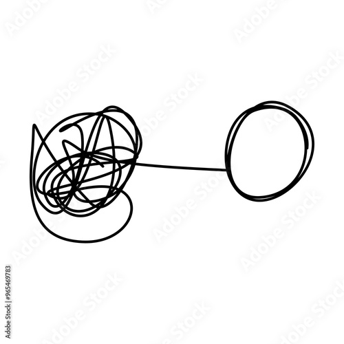 Chaotically tangled line and untied knot in form of circle. Psychotherapy concept of solving problems is easy. Unravels chaos and mess difficult situation.