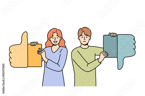 Different feedback from men and women symbolizes difference in user experience by showing thumbs up or down. Positive and negative feedback from people sharing opinions after visiting store