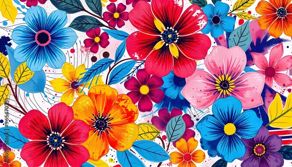 Illustration of A vibrant floral arrangement with large red and orange flowers, surrounded by smaller yellow and white flowers against a blurred blue background Illustration of A vibrant floral arrangement with large red and orange flowers, surrounded by smaller yellow and white flowers against a blurred blue background