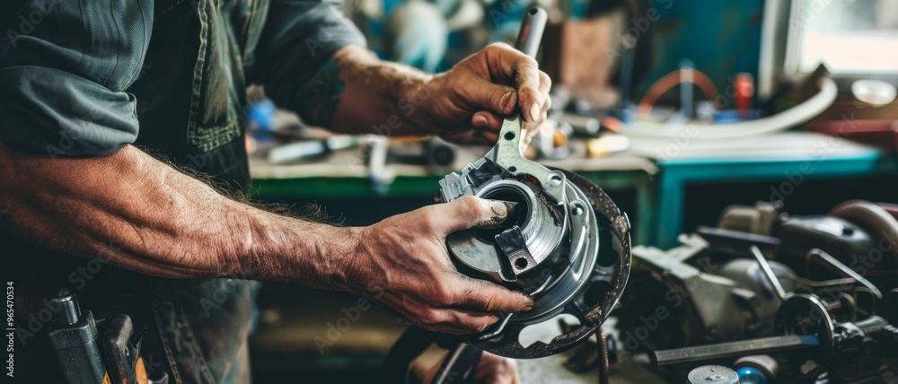 Fototapeta premium A pair of skilled, oil-stained hands carefully work on a mechanical part amid an intricate, cluttered workshop, showcasing craftsmanship and dedication.