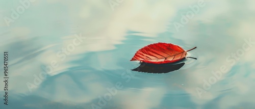 A vibrant red leaf floats gently on a serene lake, its rich color contrasting beautifully with the calm blue water, embodying stillness and transition.