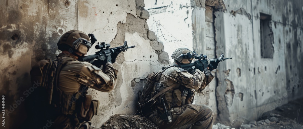 Fototapeta premium Two soldiers in tactical gear taking cover and aiming their rifles in a war-torn building.