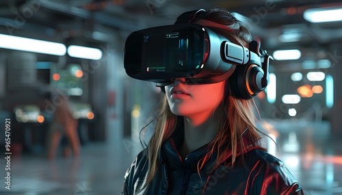 Amazed young woman immersed in metaverse exploration through VR headset, experiencing futuristic gaming and entertainment in an industrial environment