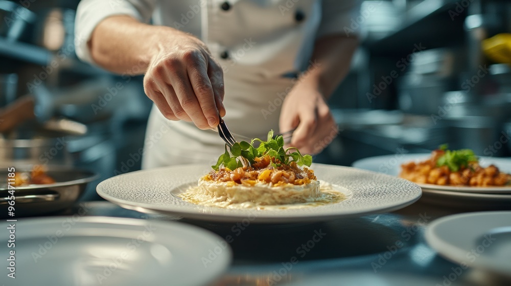 Professional chef plating gourmet dish in restaurant kitchen Professional chef plating gourmet dish in restaurant kitchen