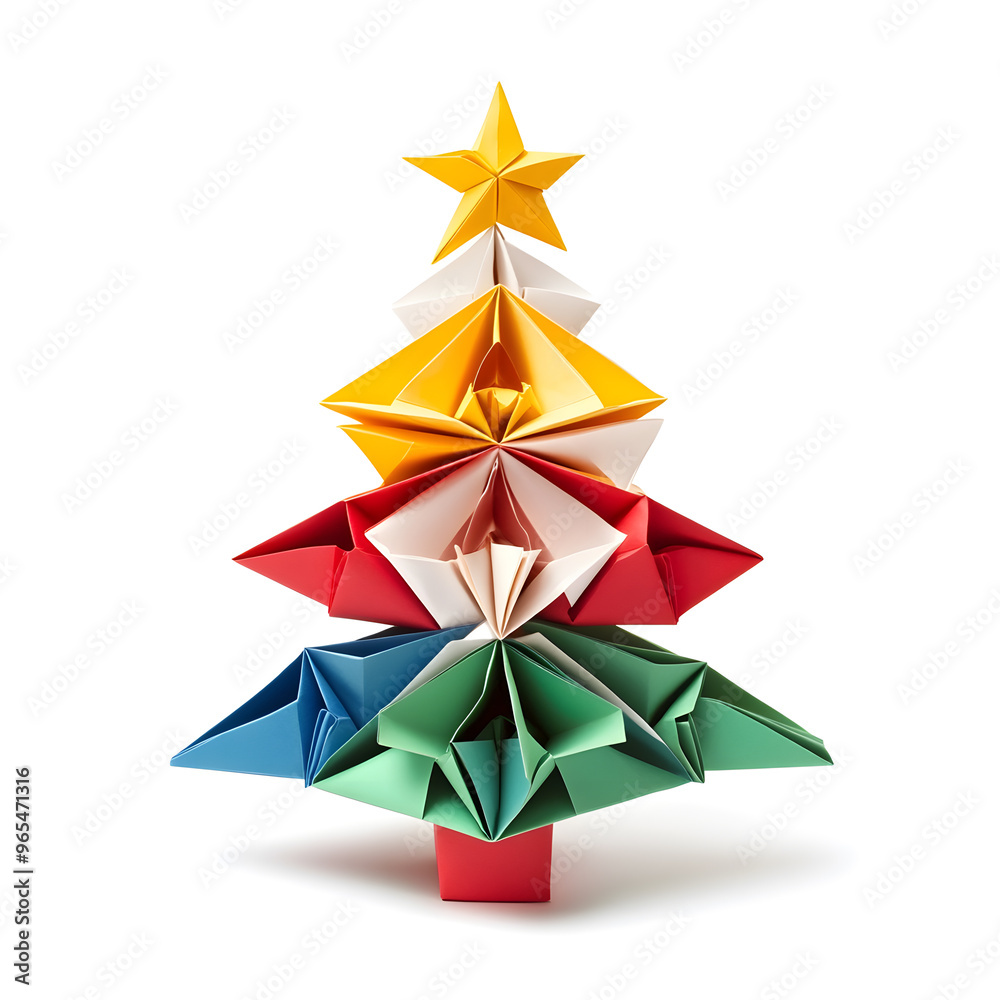 Origami paper Christmas tree isolated on white background