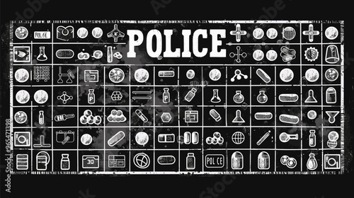 Periodic table of chemical elements featuring monochromatic design with funny chemistry phrase "POLICE" for web, print, or art