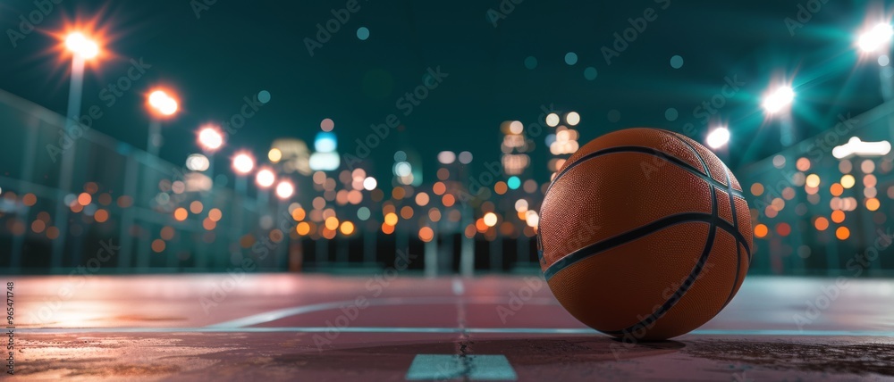A basketball rests on a city court, illuminated by urban lights, capturing the essence of night sports. A basketball rests on a city court, illuminated by urban lights, capturing the essence of night sports.